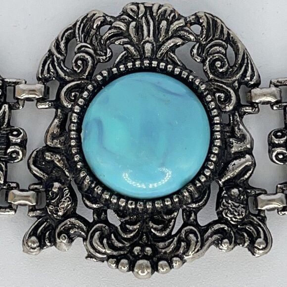 Huge oxidized silver tone and turquoise bracelet - Picture 2 of 8